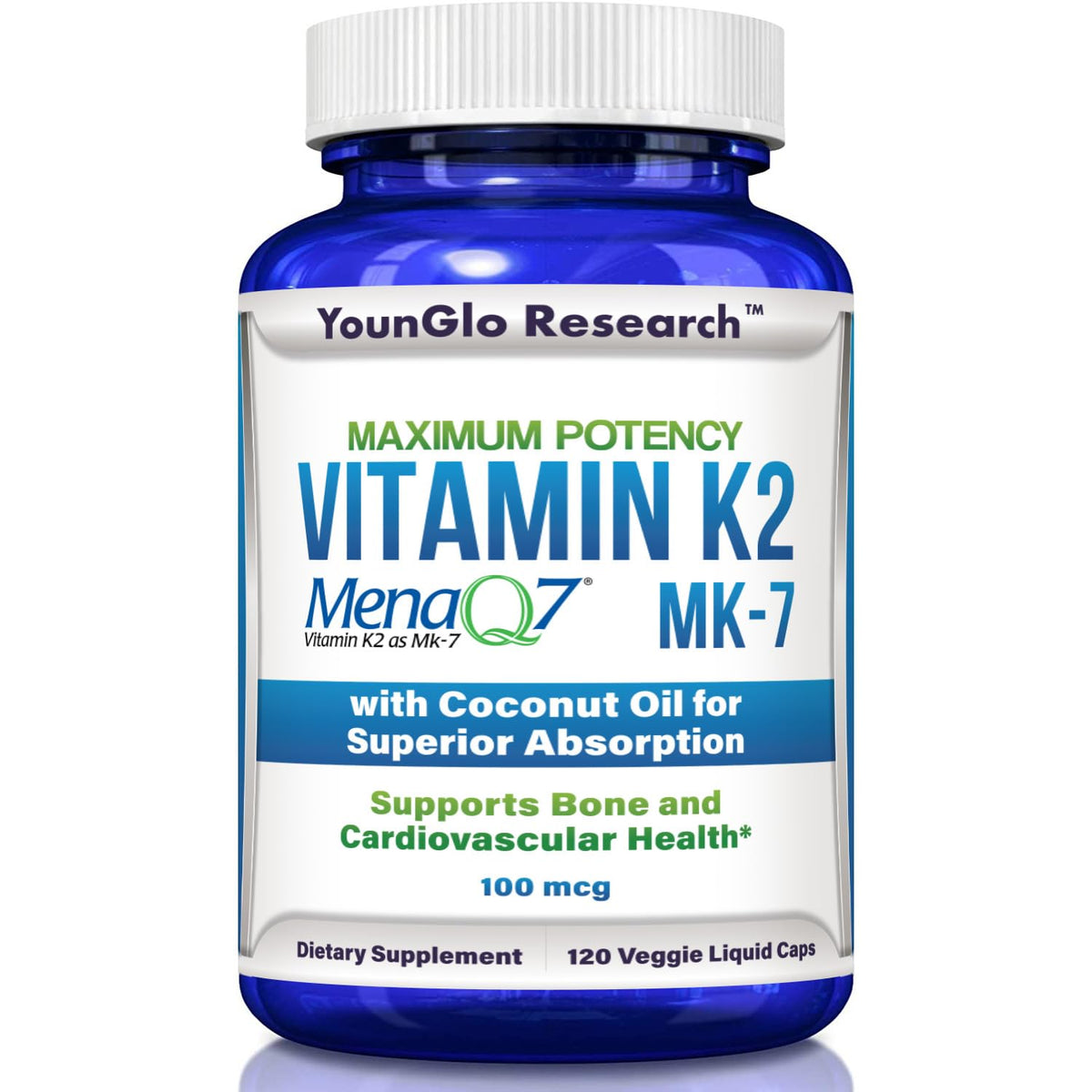 YounGlo Research Vitamine K2 MK7 100 mcg avec huile de coco, face avant