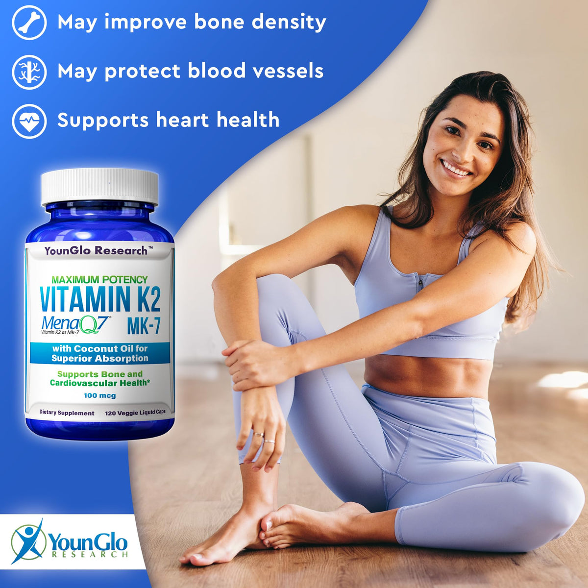 YounGlo Vitamine K2 MK7 100 mcg avec huile de coco, arrière du flacon