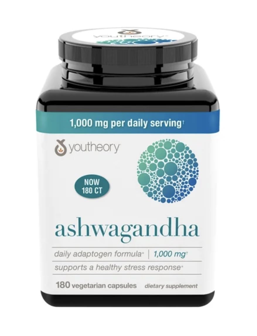 Youtheory Ashwagandha 1000mg KSM-66 180 capsules front view