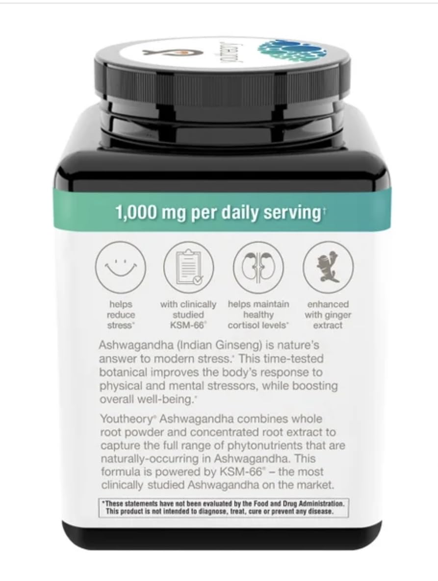Youtheory Ashwagandha 1000mg KSM-66 capsules close-up
