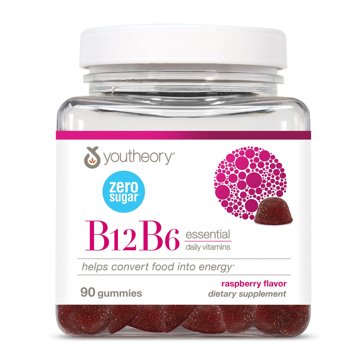 Youtheory B12B6 gummies végétariens au goût de framboise, pot de 90 unités
