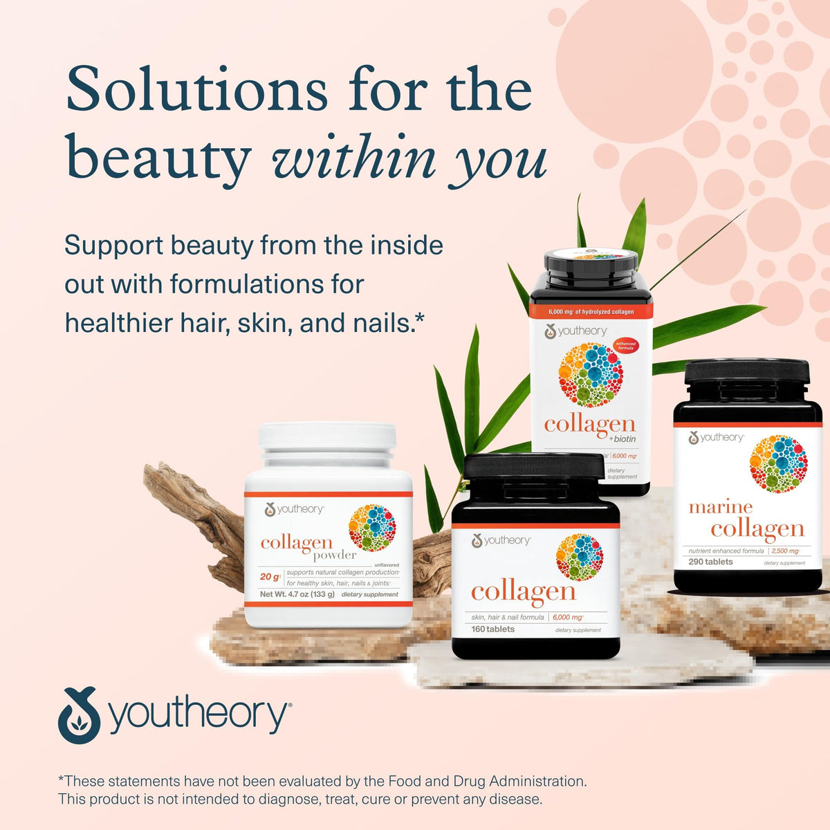 Youtheory Collagène + Biotine comprimés sur une table en bois