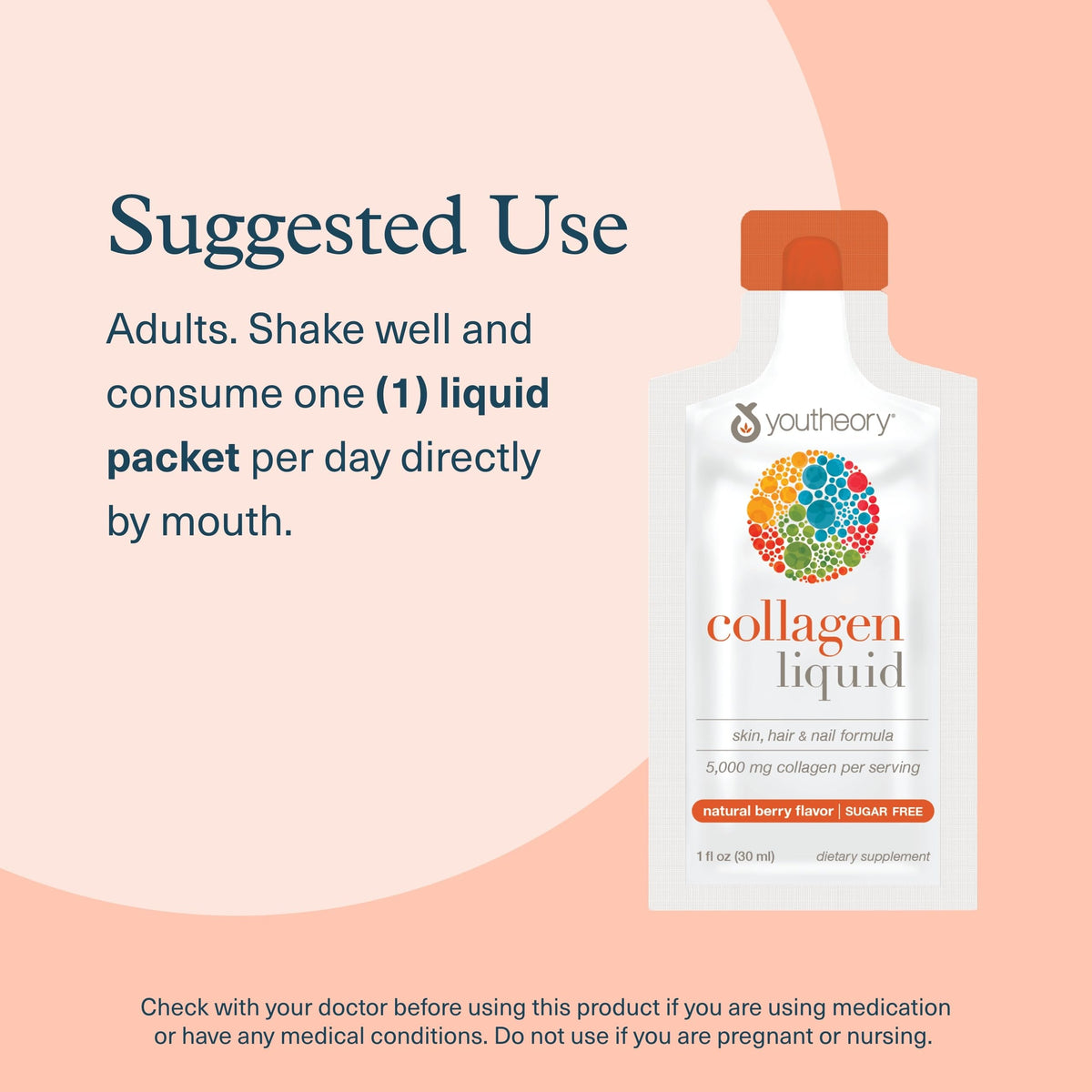 Youtheory collagène liquide 5 000 mg goût baie sur fond blanc