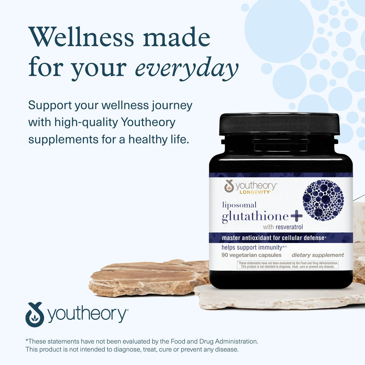 Youtheory Glutathione Liposomal ouvert avec comprimés visibles