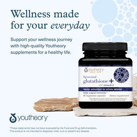 Youtheory Glutathione Liposomal ouvert avec comprimés visibles