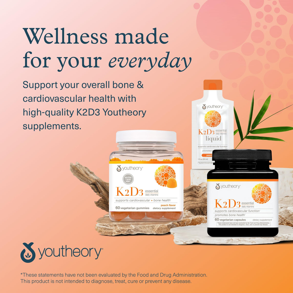 Youtheory K2D3, capsules avec des plantes en arrière-plan