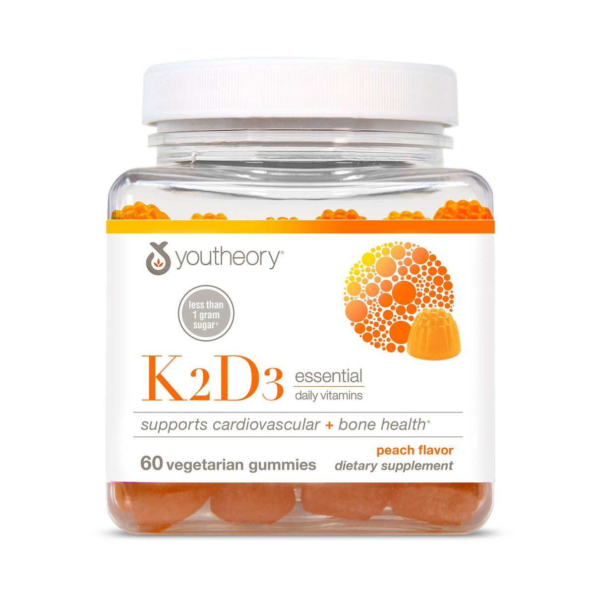 Youtheory K2D3 Gummy Végétarien 60 Gummies Saveur Pêche vue de face