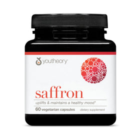 Youtheory Saffron 60 capsules végétariennes devant un fond neutre