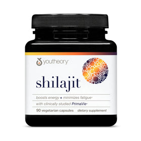 Youtheory Shilajit Avancé 500 mg capsules végétariennes devant un fond neutre