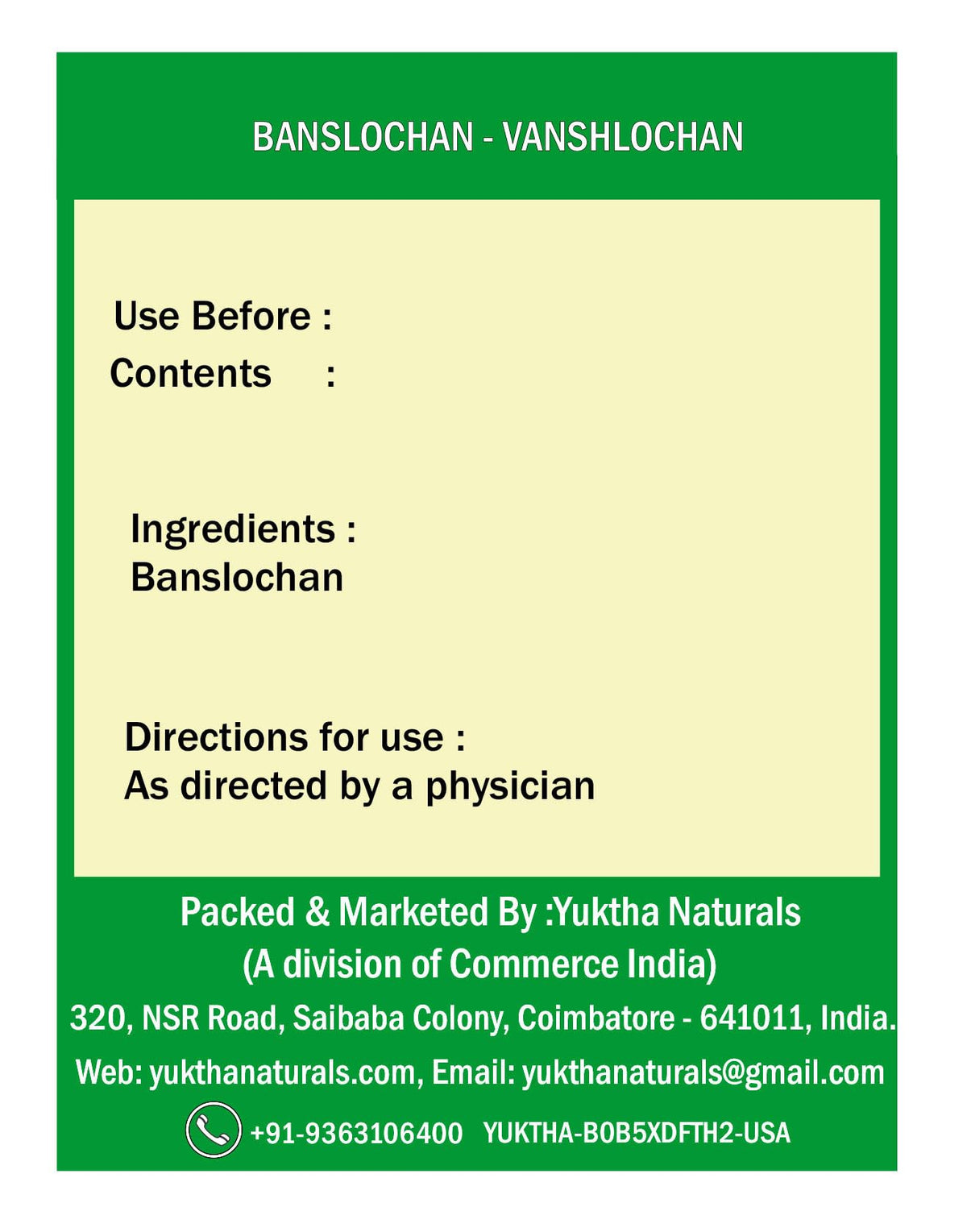 Yuktha Banslochan Silice de Bambou 200g contenu à l'intérieur