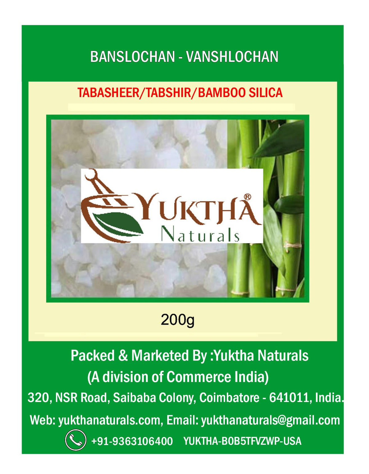Yuktha Banslochan Silice de Bambou 200g vue avant avec étiquette