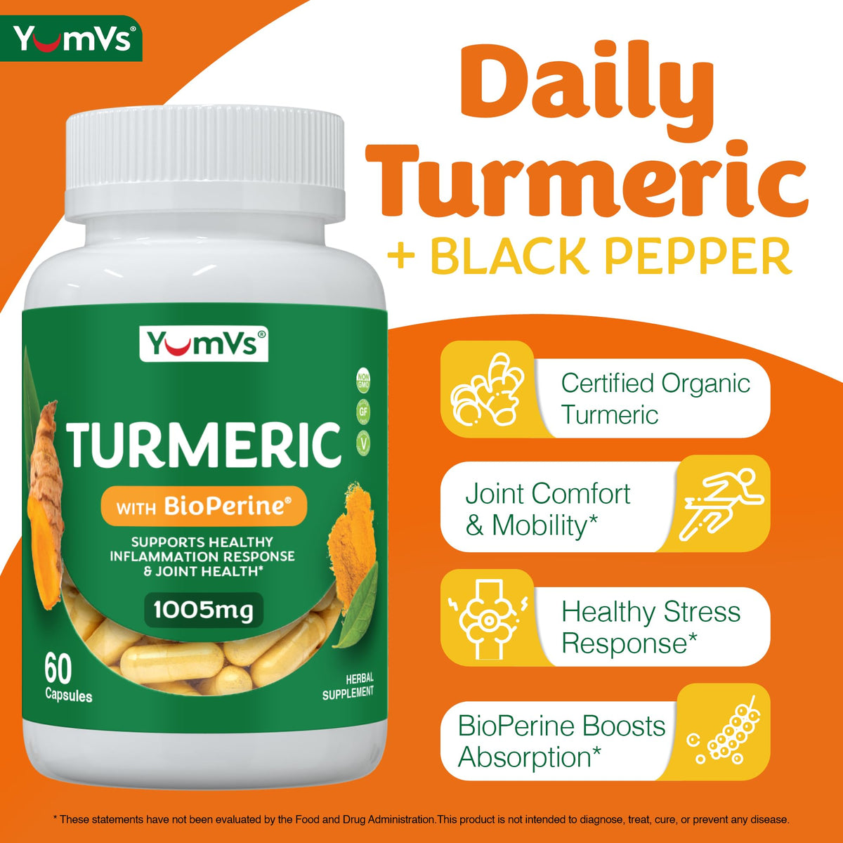 YUM-V'S Curcuma capsules with dosage information