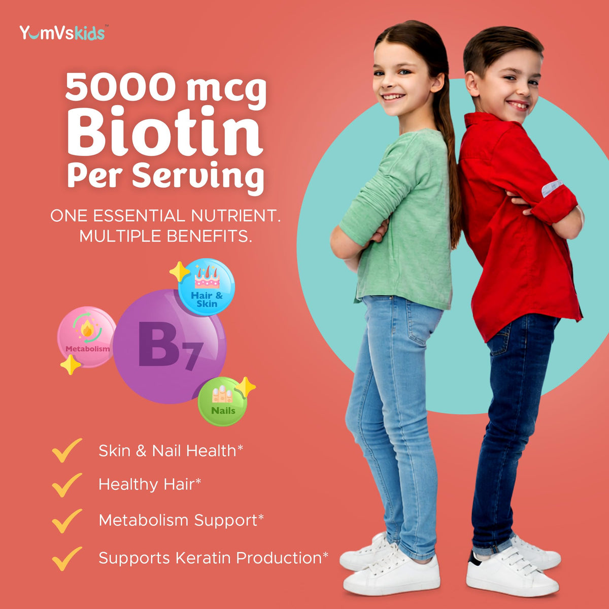 YUM-V'S Gummies Biotin sur une table avec des fruits