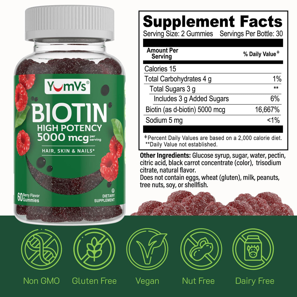 YUM-V'S Gummies Biotine 5000mcg emballage arrière