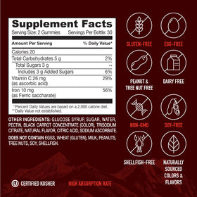 YUM-V'S Gummies de Fer avec Vitamine C - gélifiés au goût de raisin