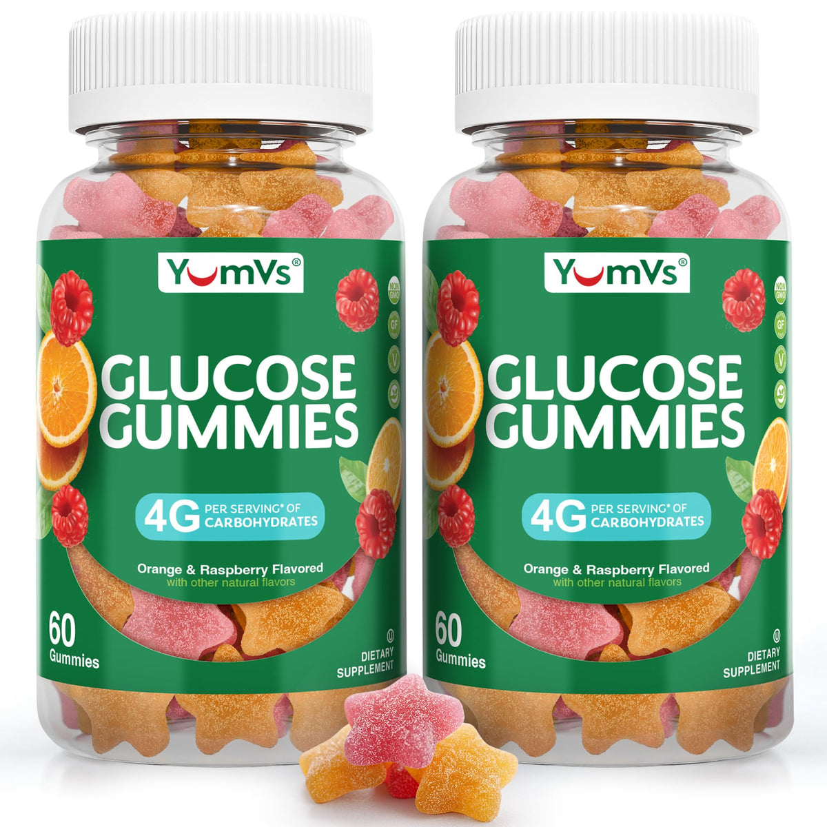 YUM-V'S Gummies Glucose paquet de 60g vue avant avec saveurs orange et baies