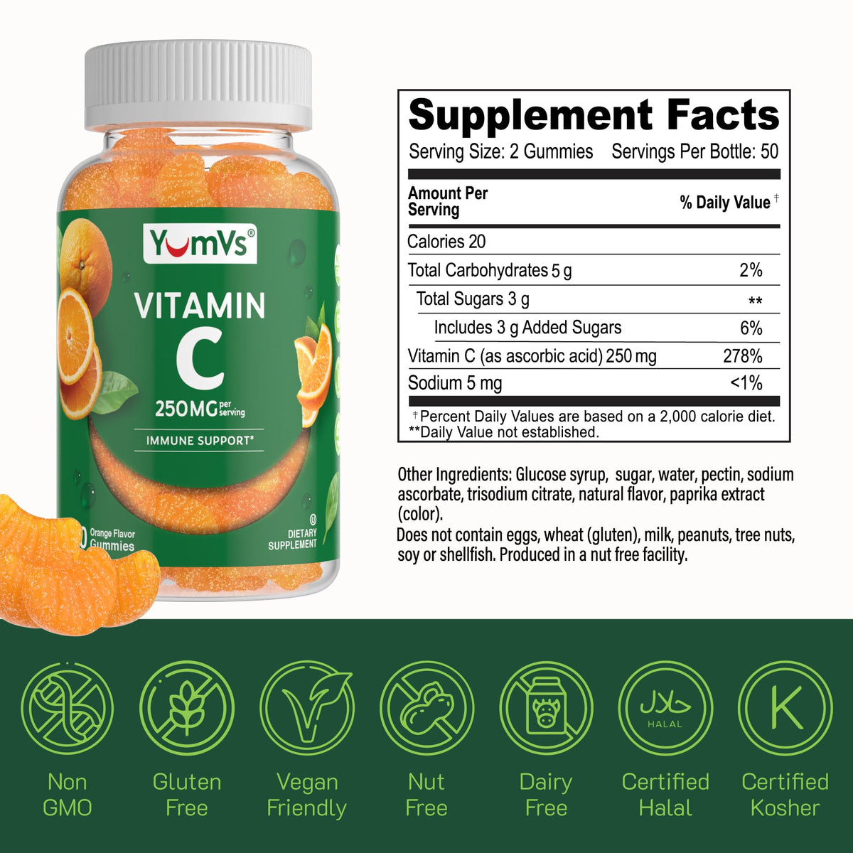 YUM-V'S Gummies Vitamine C 250 mg Saveur Orange - dosage recommandé