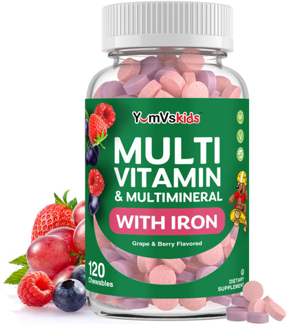 YUM-V'S Multivitamines pour Enfants 120 Comprimés à Mâcher Saveur Raisin et Baies