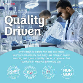 YUM-V'S Multivitamines pour Enfants avec des fruits en arrière-plan