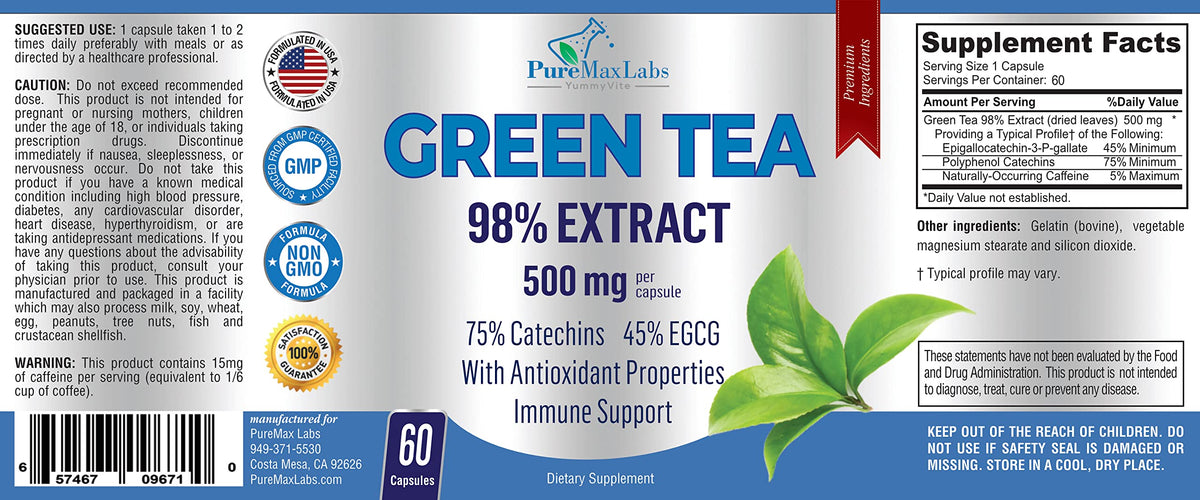 YUMMYVITE Extrait de Thé Vert 98% capsules sur table