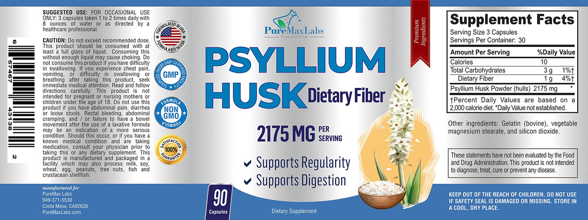 YUMMYVITE Psyllium Husk étiquette détaillant les ingrédients