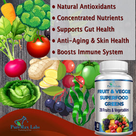 YUMMYVITE Superfood Greens 28 Fruits et Légumes comprimés avec étiquette visible
