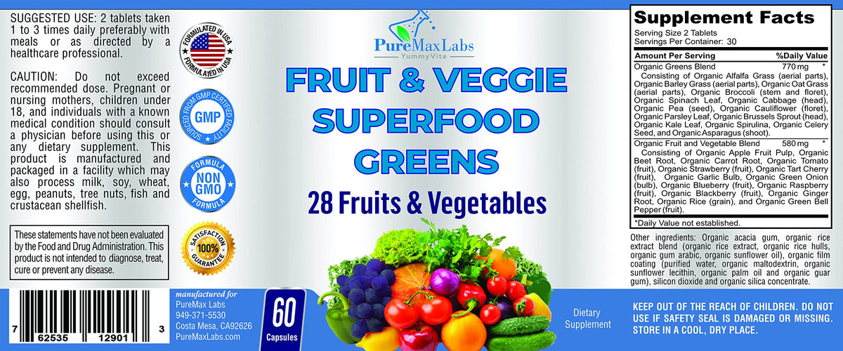 YUMMYVITE Superfood Greens 28 Fruits et Légumes sur une table avec d'autres compléments