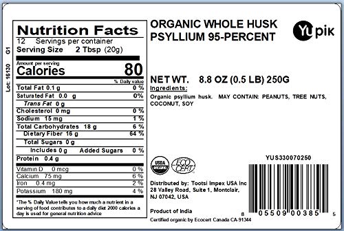 Yupik Psyllium Bio 8,8 Oz emballage et informations nutritionnelles
