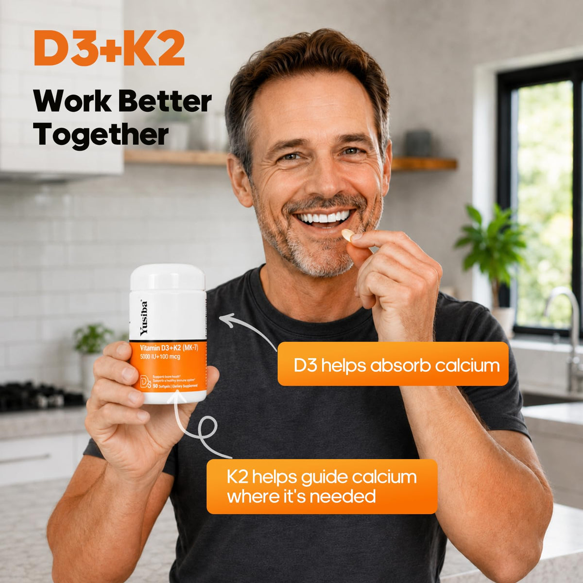 Yusiba Complément Alimentaire D3 K2 90 capsules sur une surface blanche
