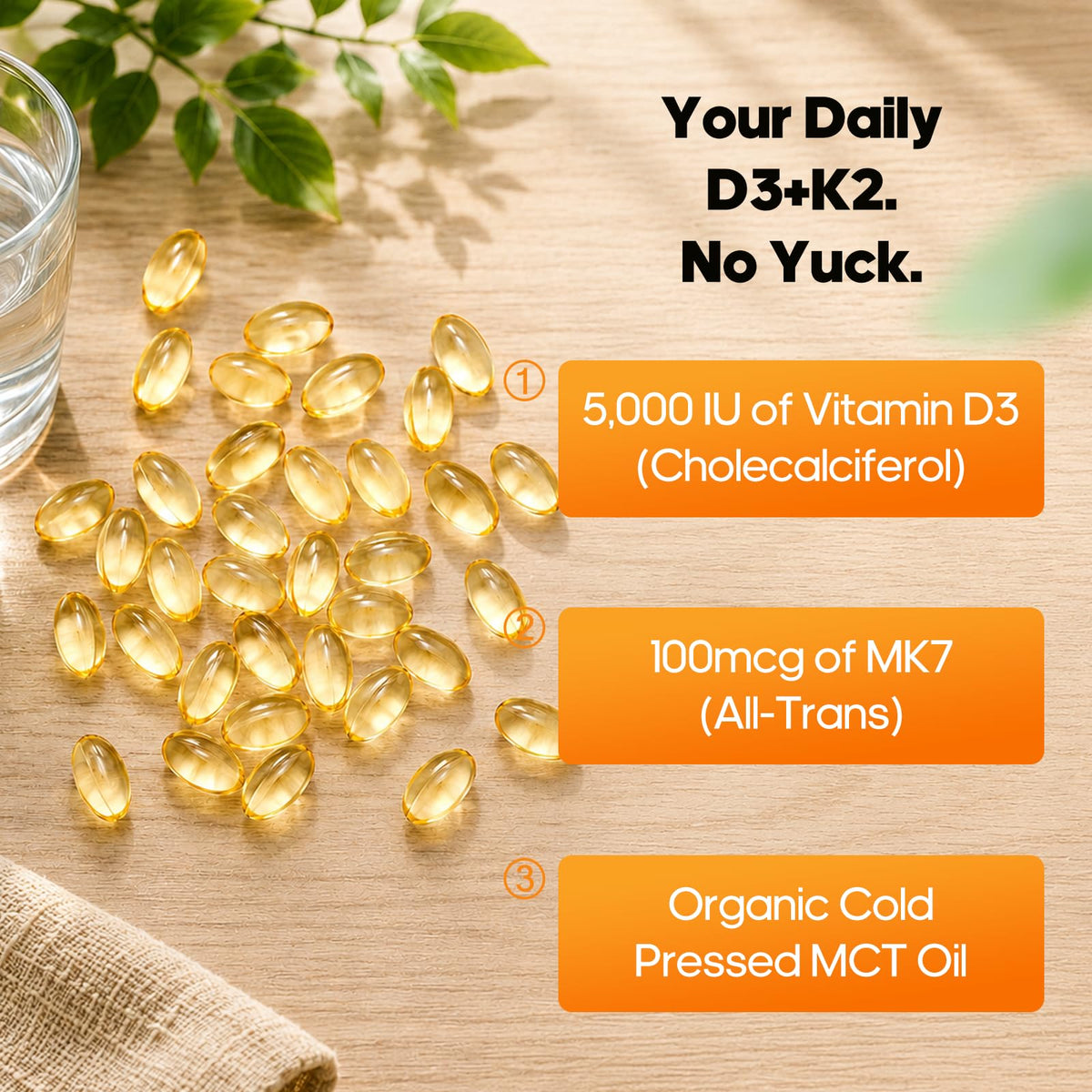 Yusiba D3 K2 5000 UI capsules ouvertes montrant leur contenu