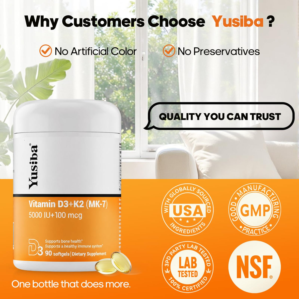Yusiba D3 K2 5000 UI Flacon de côté avec capsules