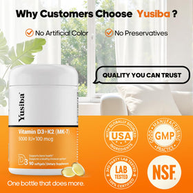 Yusiba D3 K2 5000 UI Flacon de côté avec capsules