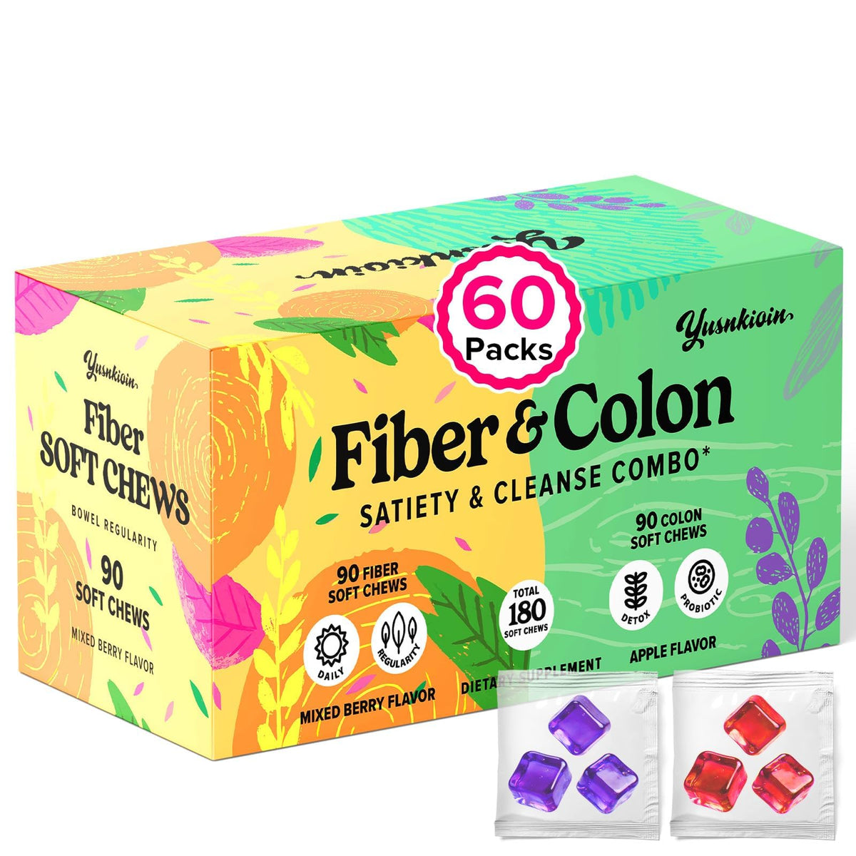 Yusnkioin Gummies de Fibres 180 pièces, emballage avant