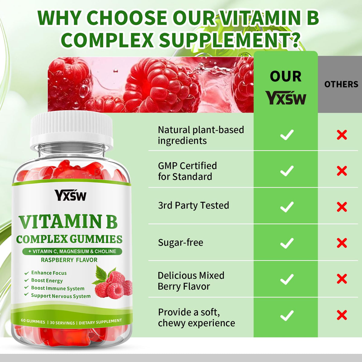 YXSW Gummies Complexe B 60 Comp. mise en scène sur fond naturel