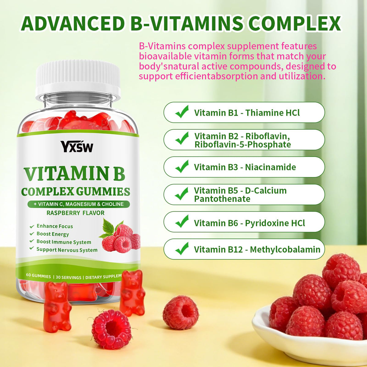 YXSW Gummies Complexe B 60 Comp. près d'un verre d'eau