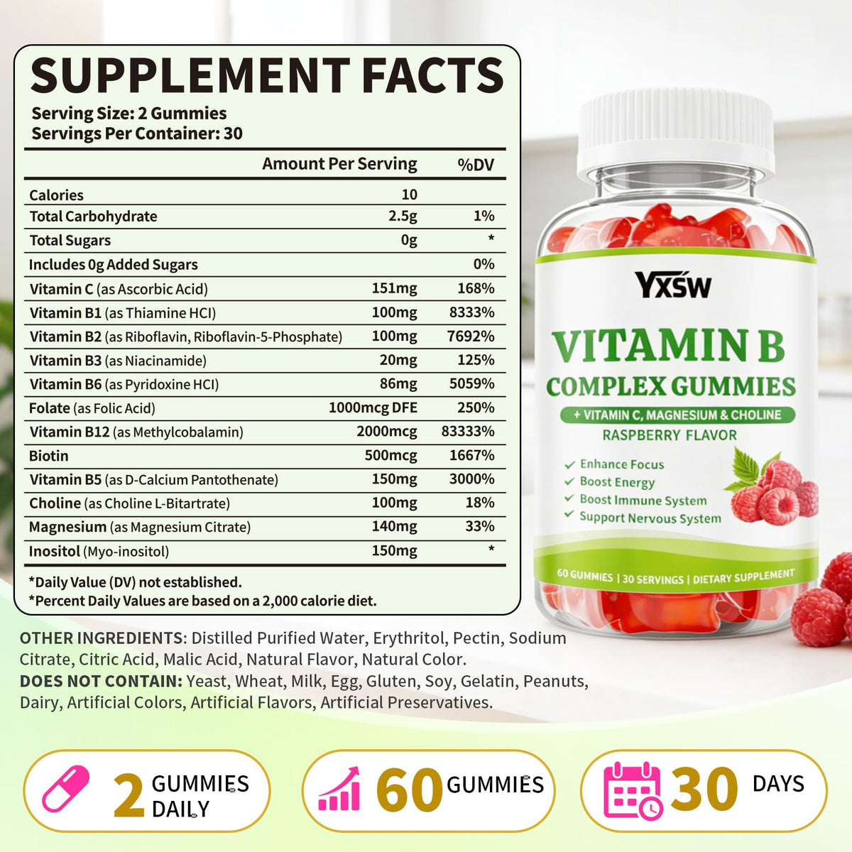 YXSW Gummies Complexe B 60 Comp. vue arrière avec ingrédients