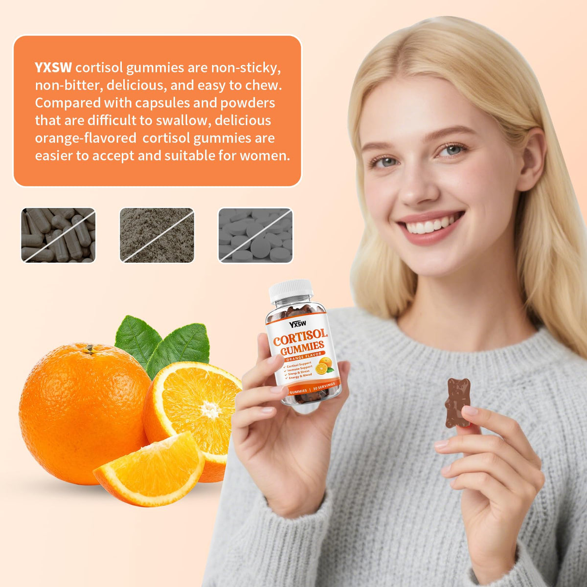 YXSW Gummies Cortisol Femmes, présentation des gélifiés dans un bol