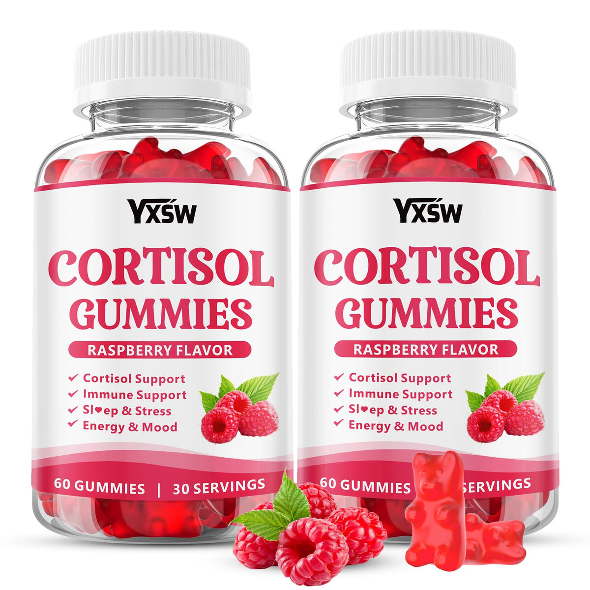 YXSW Gummies Cortisol pour Femmes 120 comprimés au goût framboise, packaging avant