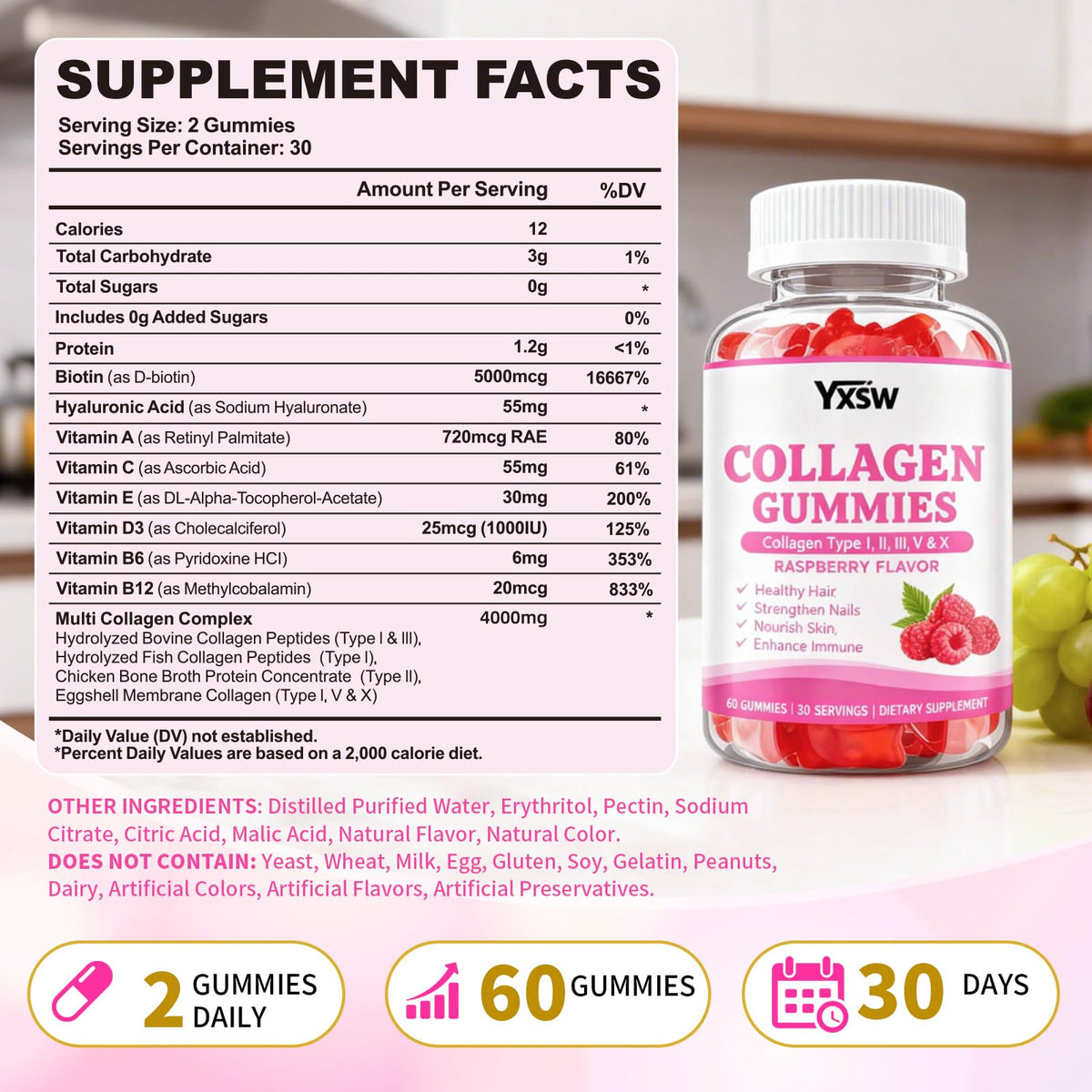 YXSW Gummies de Collagène 4000mg, détail des gummies framboise