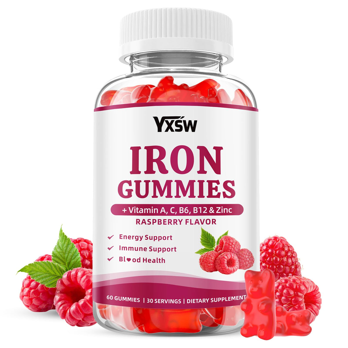 YXSW gummies de fer 60 gummies au goût framboise