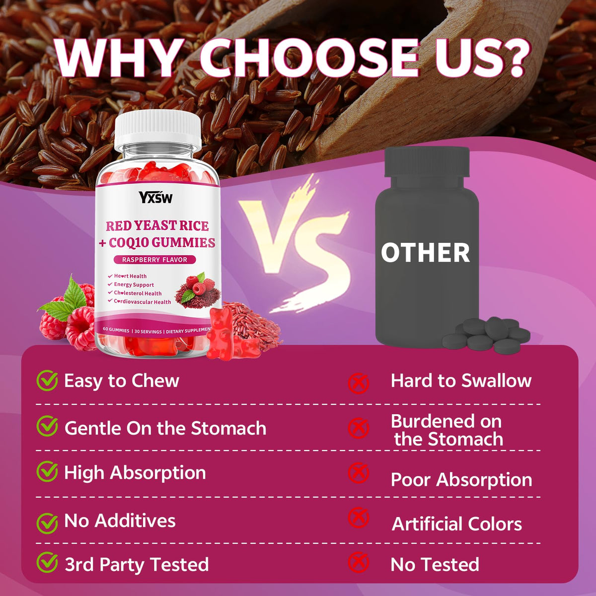 YXSW Gummies de Riz Rouge avec CoQ10, ingrédients sur l'emballage