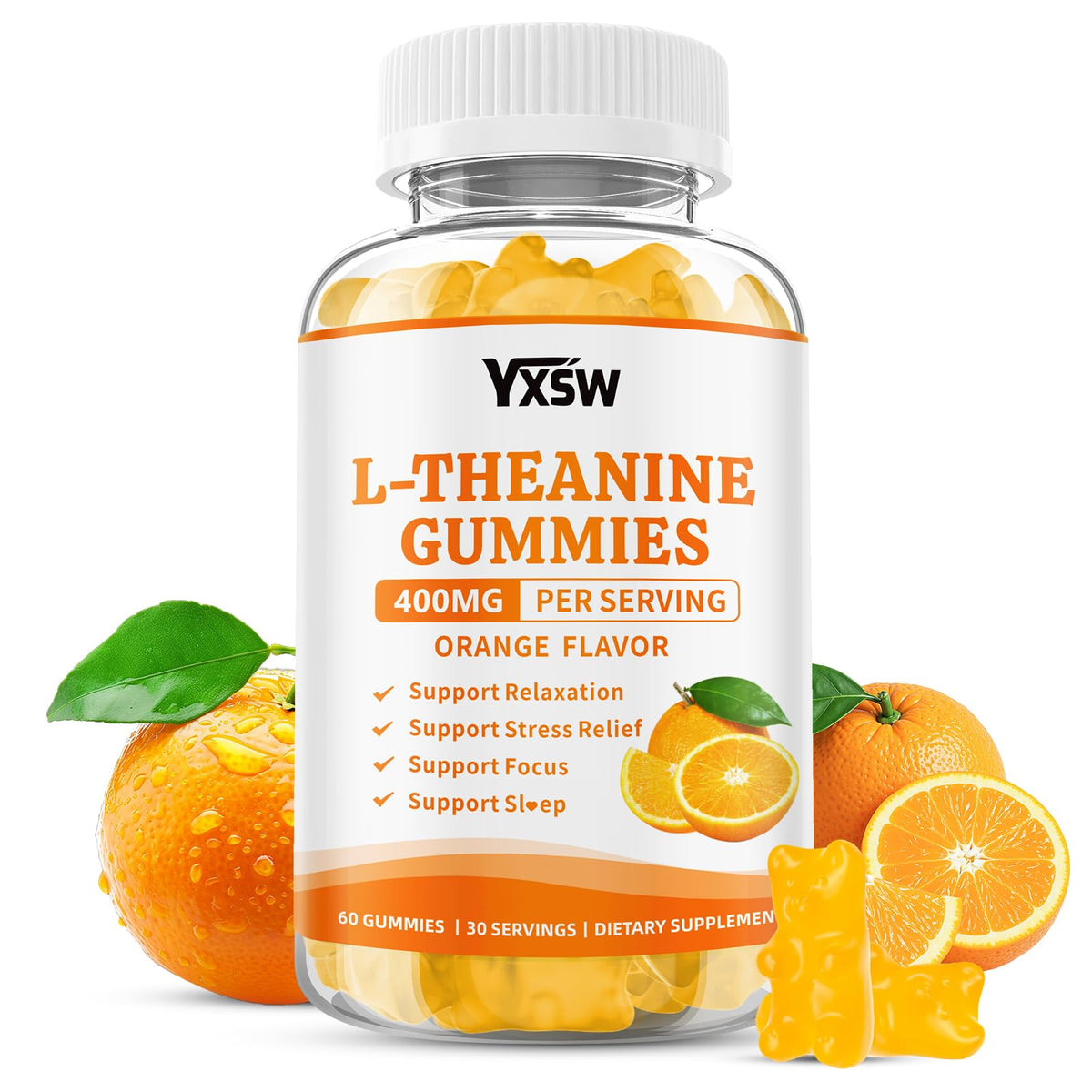 YXSW Gummies L-Theanine 400mg flacon de 60 gummies au goût orange