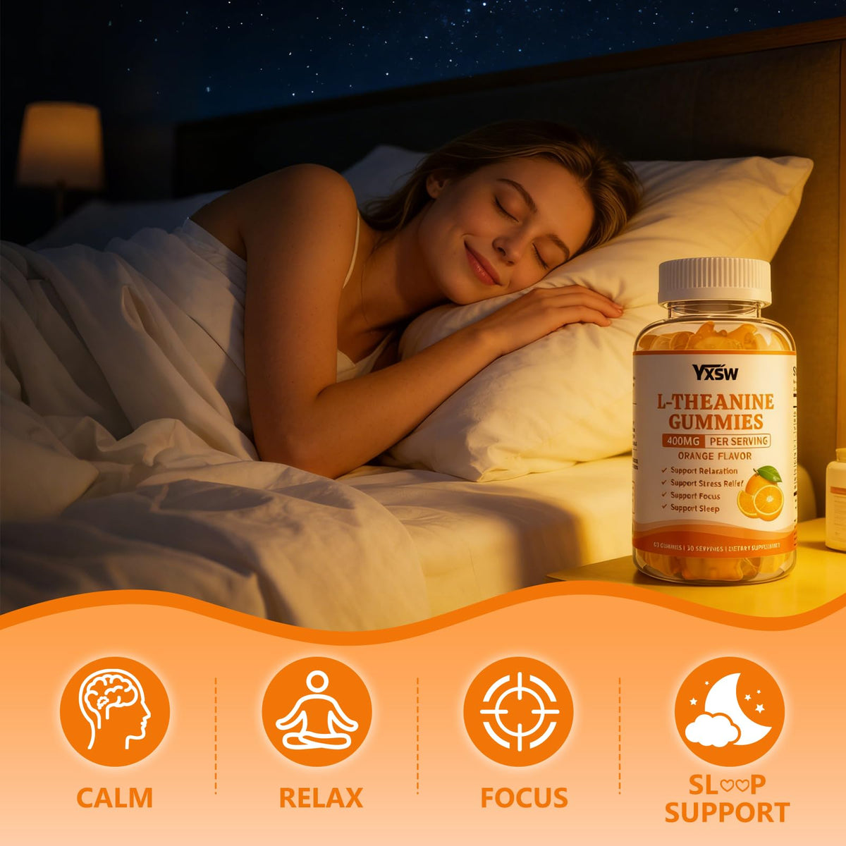 YXSW Gummies L-Theanine 400mg flacon ouvert montrant les gummies