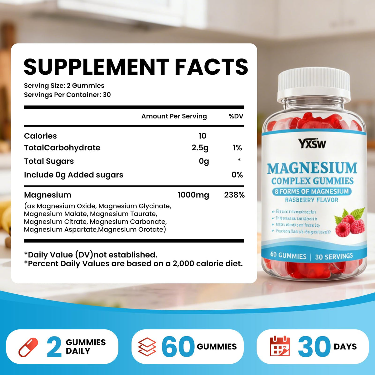 YXSW Gummies Magnésium 1000 mg saveur framboise arrière de l'emballage