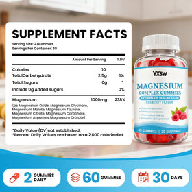 YXSW Gummies Magnésium 1000 mg saveur framboise arrière de l'emballage