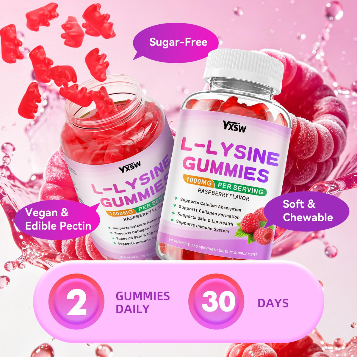 YXSW L-Lysine 1000mg Gummies, affichage des gummies sur une assiette