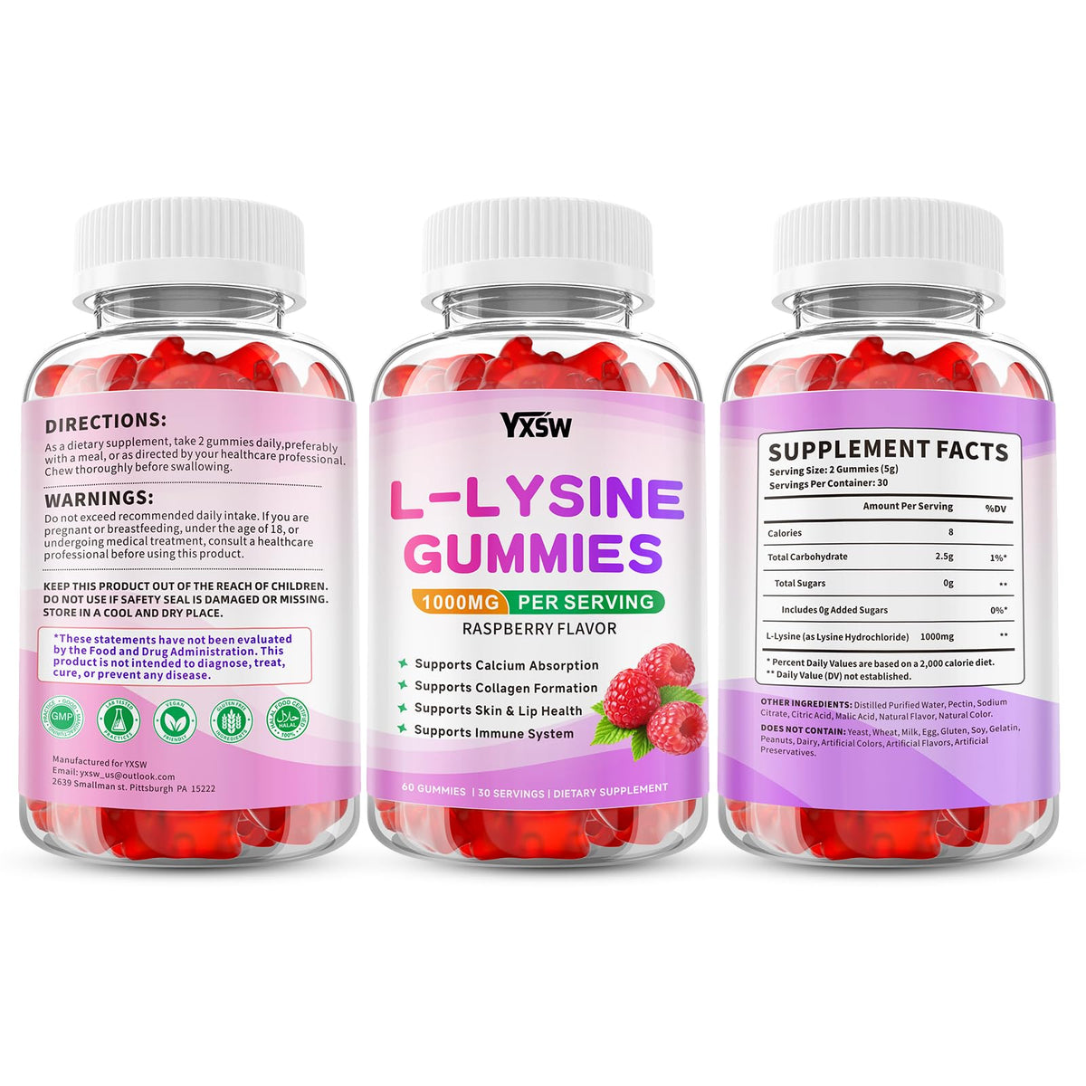YXSW L-Lysine 1000mg Gummies, présentation avec d'autres compléments alimentaires