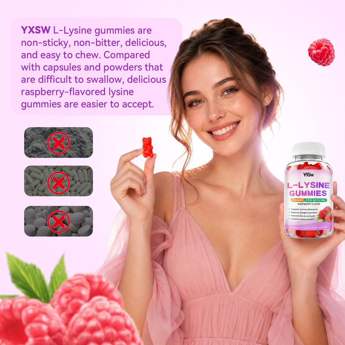 YXSW L-Lysine 1000mg Gummies, prise en main avec une main