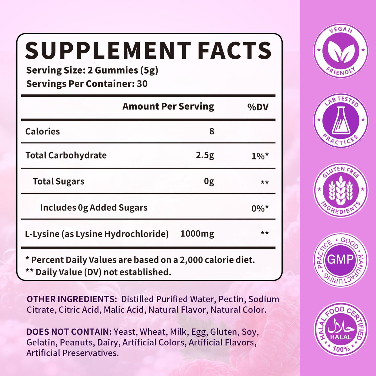 YXSW L-Lysine 1000mg Gummies, vue de l'arrière avec ingrédients