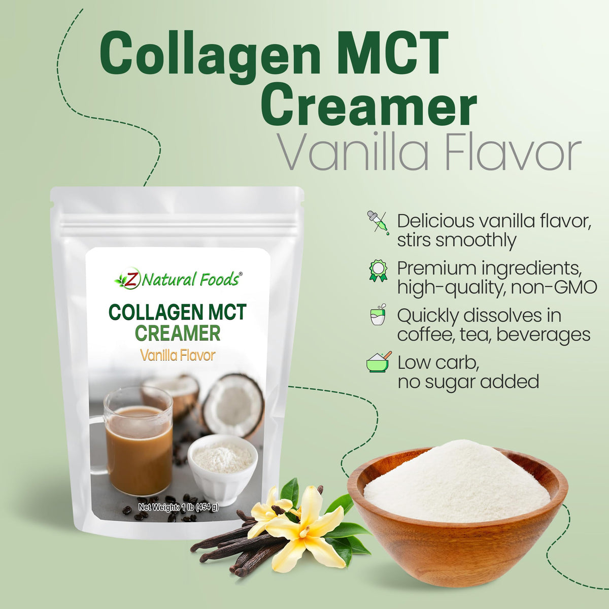 Z Natural Foods Crème en Poudre Collagène MCT Vanille 472g avec cuillère
